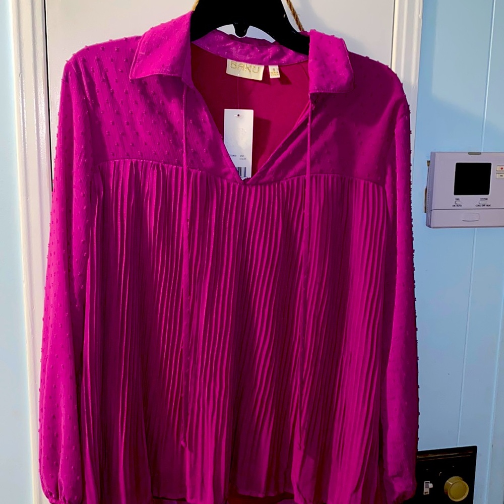 NWT beautiful, purple ladies blouse, lots of details, sheer arms